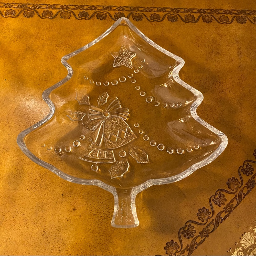 Vintage Glass Christmas Tree Candy Dish Winter Holiday Bells Snow & Stars Design